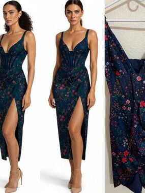 WHISPER Nessa Midi Dress Ocean Floral Corset Slit Dress Size Small NWT